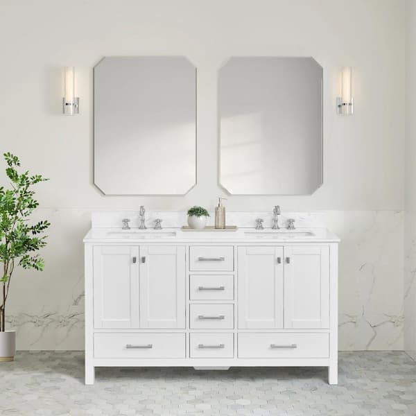 Bath Mist 60 in. W Double Sink Freestanding Bath Vanity in White with White Engineered Top