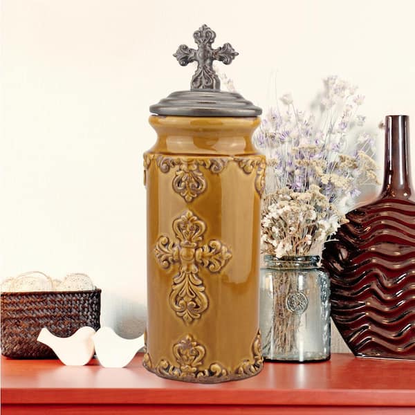 Stonebriar Collection 5in. X 14in. Worn Amber Ceramic Cross Canister