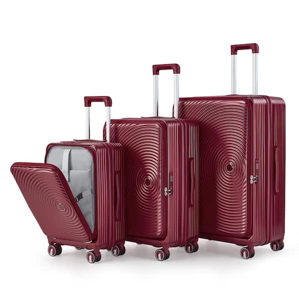OLUMAT 3-Piece Wine Red Front Laptop Compartment Luggage Set