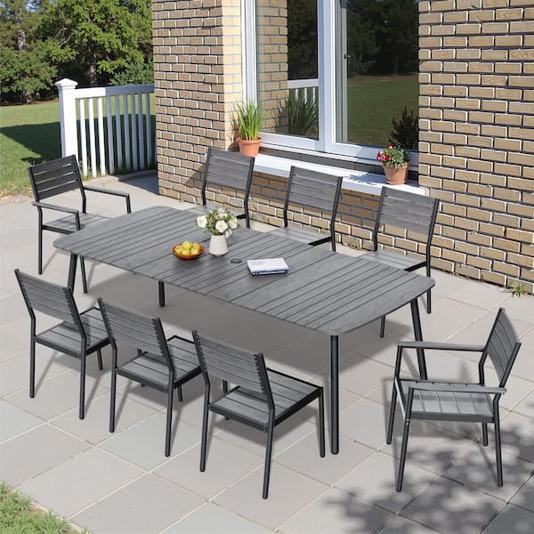 Pellebant 9-Piece 92.9 in. Gray Aluminum Patio Outdoor Dining Set, Rectangle Table with Umbrella Hole and Stacking Chairs