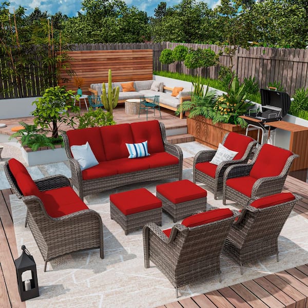 MeetLeisure 8-Piece Wicker Patio Conversation Set Yard Garden Porch with Red Cushions