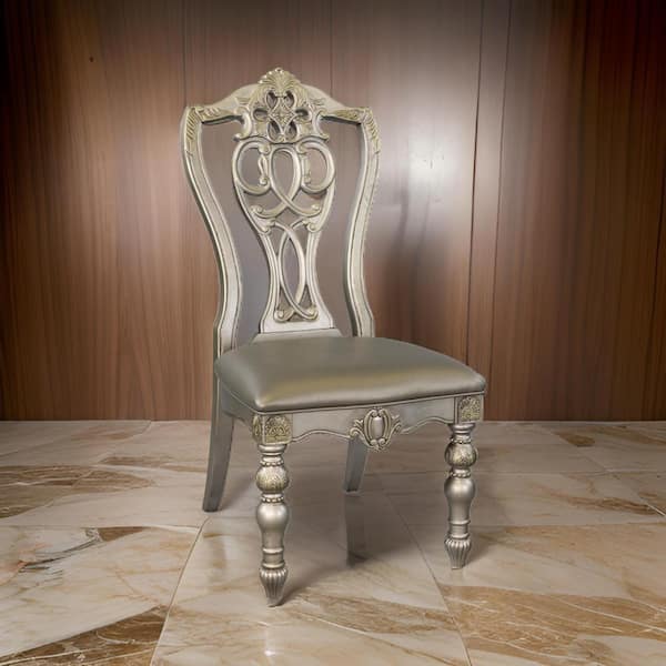 Benjara Platinum Gold and Silver Faux Leather Wooden Frame Dining Chair (Set of 2)