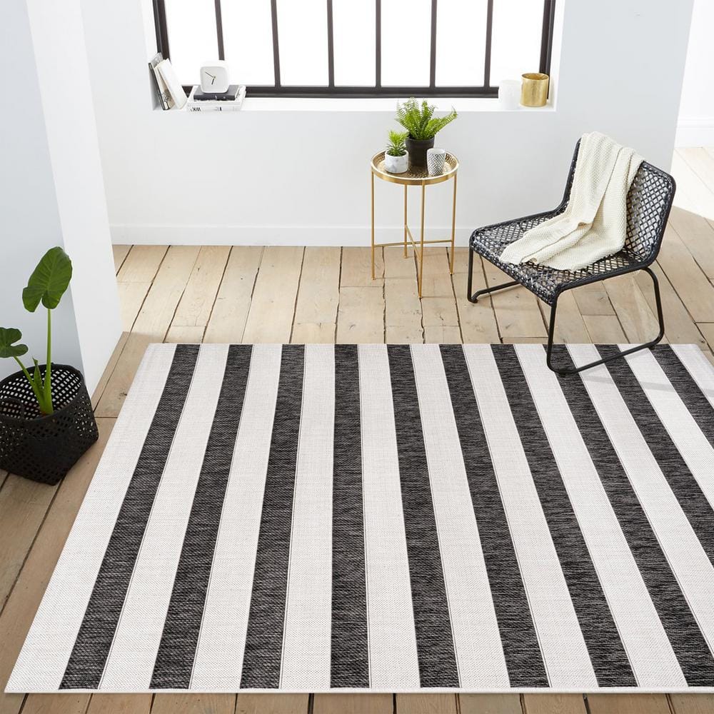 Classic Wide Stripe Black and Cream 8' x 10' Synthetic Area Rug