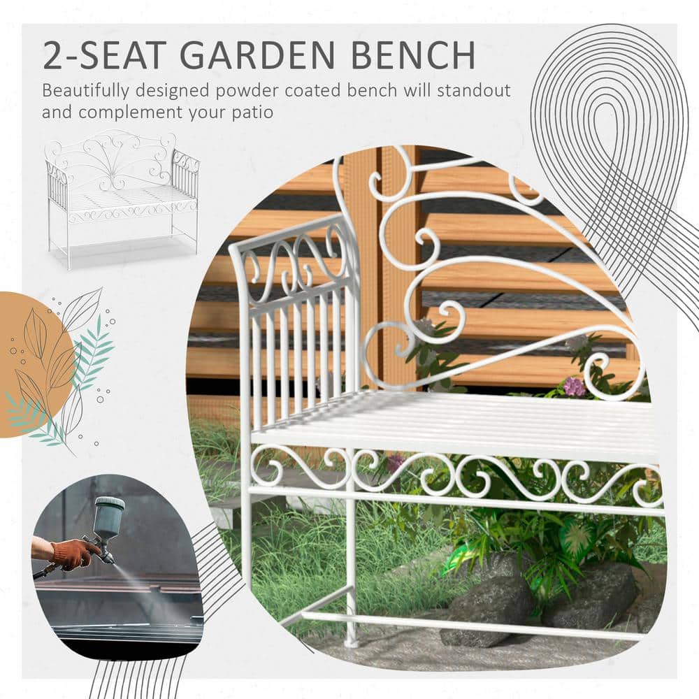 Cream White 43" Iron Two-Seater Garden Bench