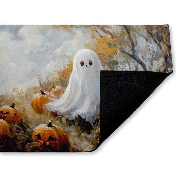 Ghost in Field of Pumpkins Orange 18 in. x 30 in. Polyester Non-Slip Outdoor Door Mat