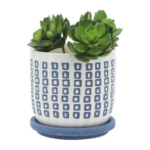 Container Width 5 in. Blue Squares Pattern Design Ceramic Planter with Saucer