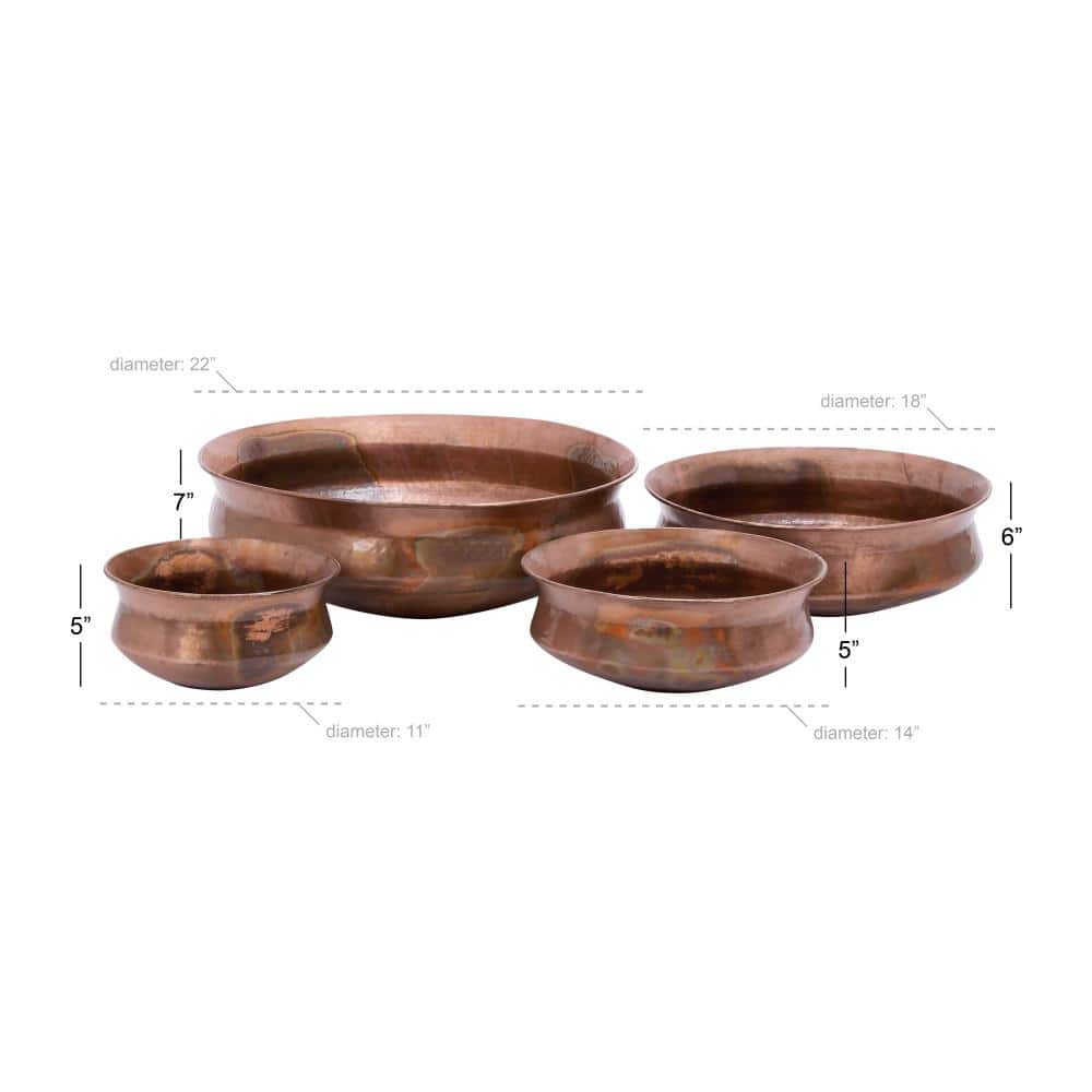 Set of 4 Rustic Copper Low Bowl Metal Planters