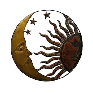 Sun and Moon Wall Art Decor 21 in. Round Metal Accent Piece in Rustic Gold and Bronze, Decorative Sign