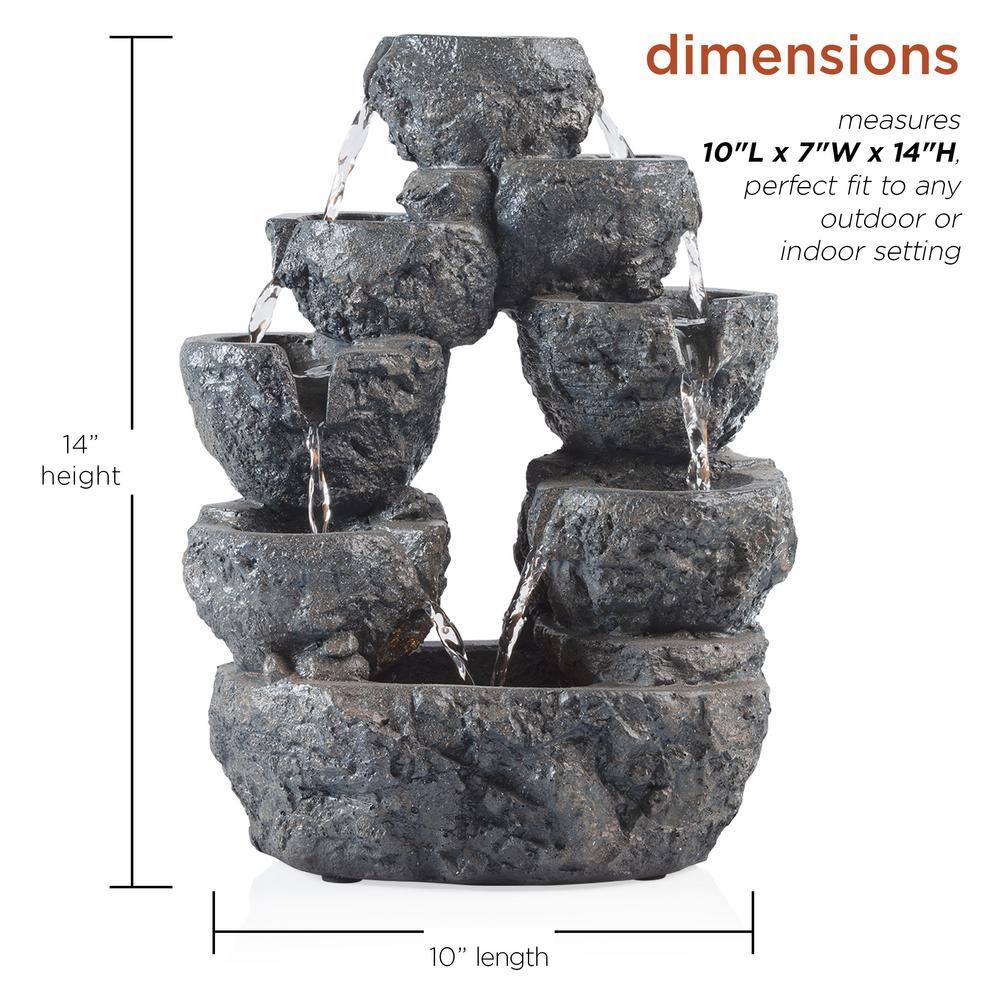 14" Gray Resin 5-Tier Cascading LED Waterfall Fountain