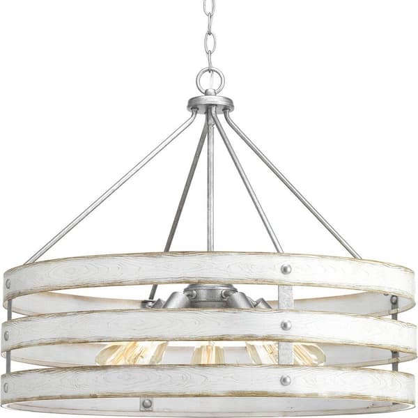 Progress Lighting Gulliver 27-3/4 in. 5-Light Galvanized Drum Pendant with Weathered White Wood Accents