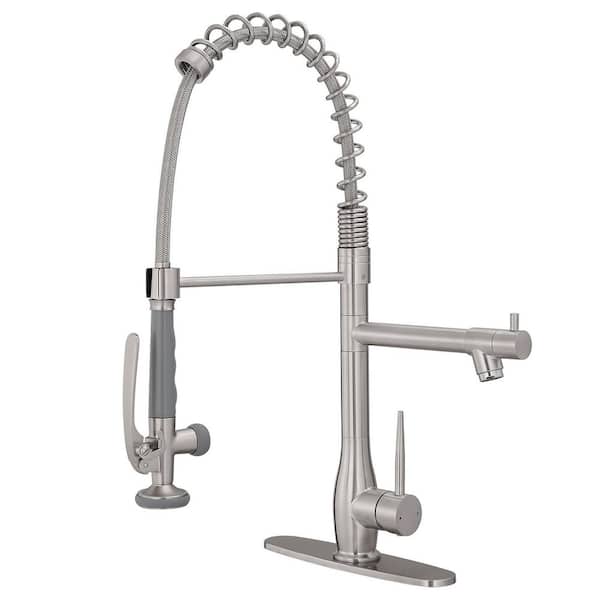 Spring Single-Handle Pull Down Sprayer Kitchen Faucet, Commercial High Goosenck Kitchen Sink Faucet in Brushed Nickel