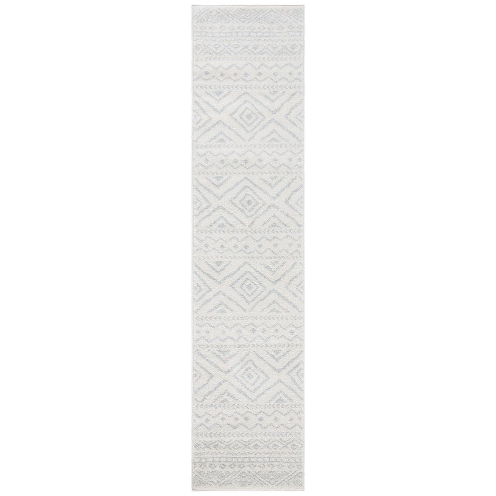 Ivory and Light Grey Geometric Synthetic Runner Rug, 2' x 9'
