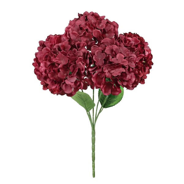 LIVING LUXURY 19 in. Deluxe Burgundy Artificial Hydrangea Flower Stem Bush Bouquet (Set of 2)