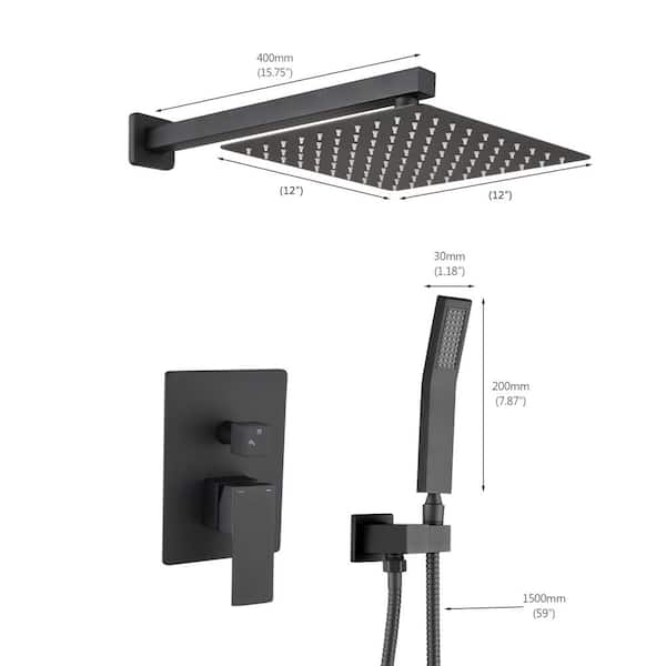 1-Spray Patterns with 2.5 GPM 12 in. Wall Mount Fixed Shower Head with Deluxe Rain Mixed Shower Set in Matte Black