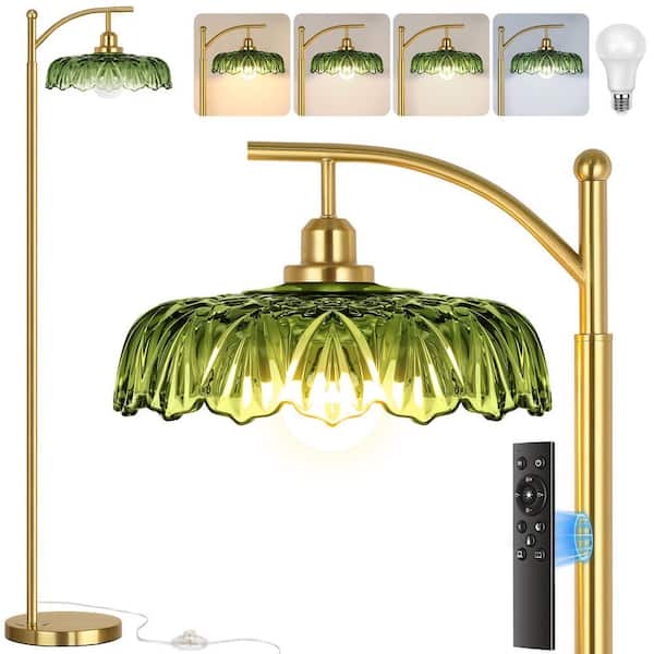 68 in. Brushed Gold Arc Floor Lamp with Remote-Dimmable Mid-Century Modern Standing Lamp and Green Glass Shade