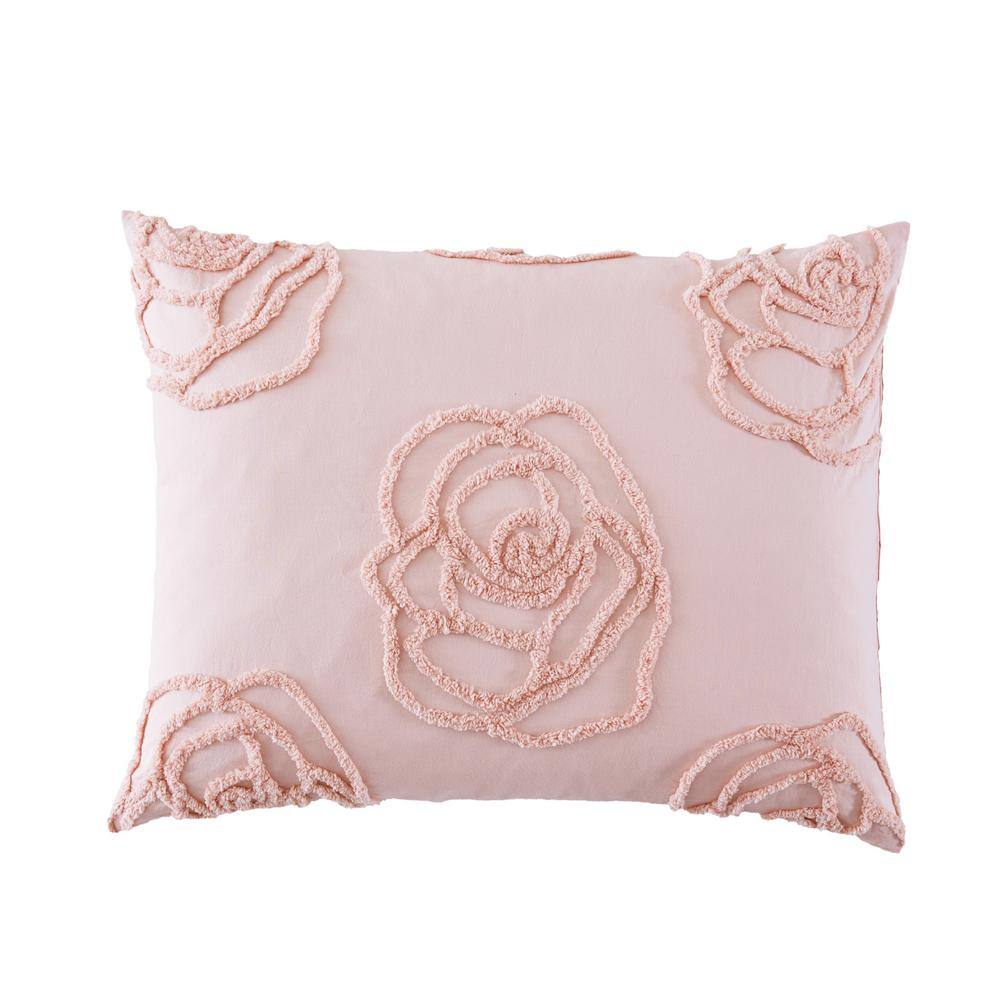 Blush Pink Cotton Full/Queen Duvet Cover Set with Tufted Roses