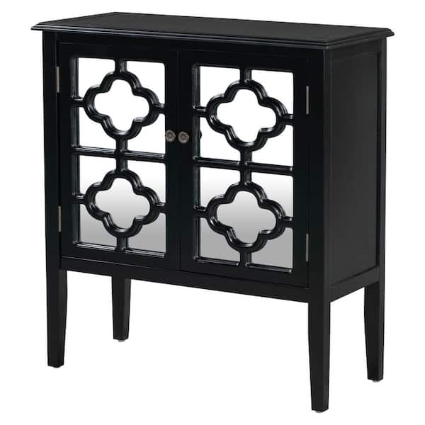 VERYKE Black Wood Storage Cabinet with Mirrored Doors and Adjustable Shelves