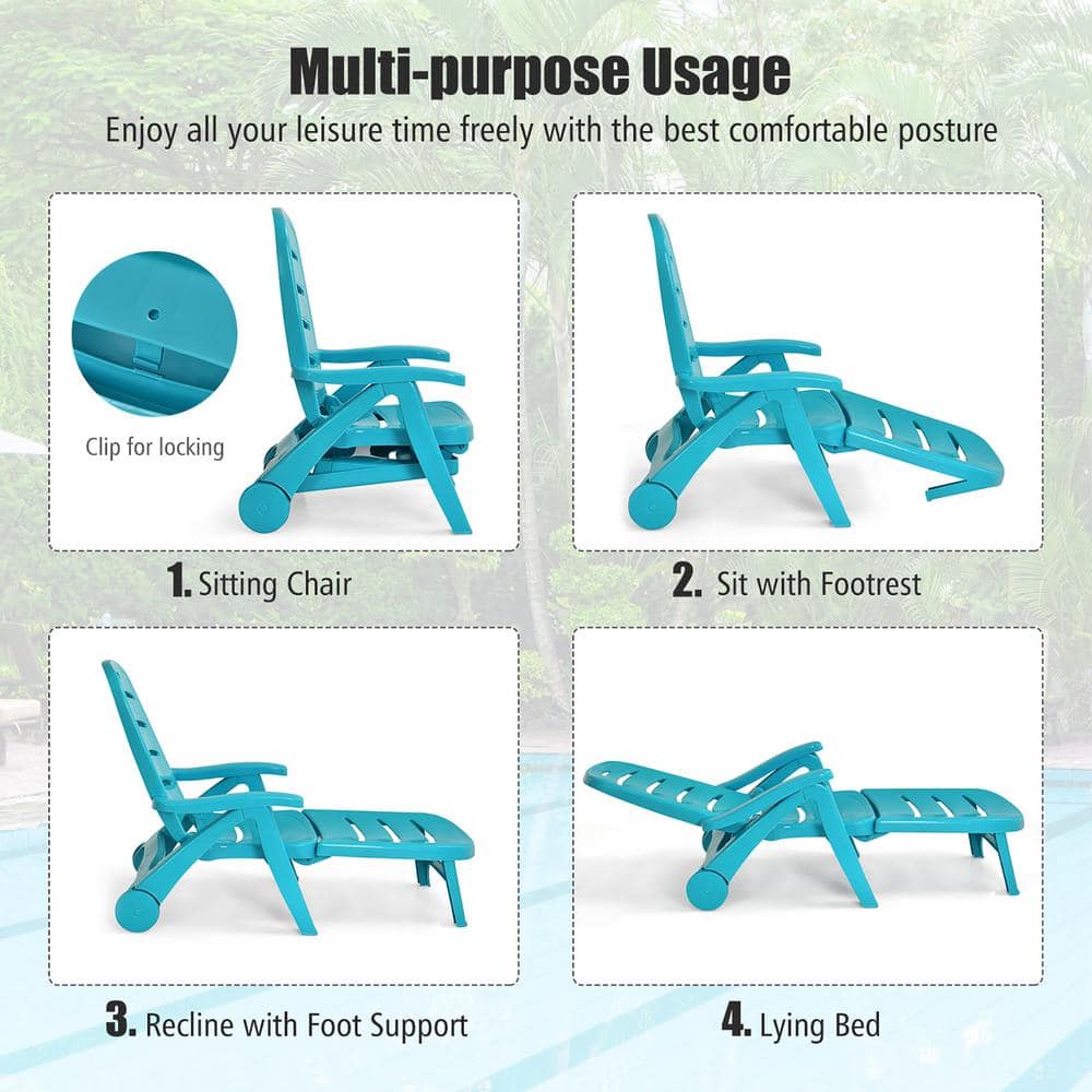 Turquoise Plastic Folding Chaise Lounge Chair Set with Adjustable Backrest