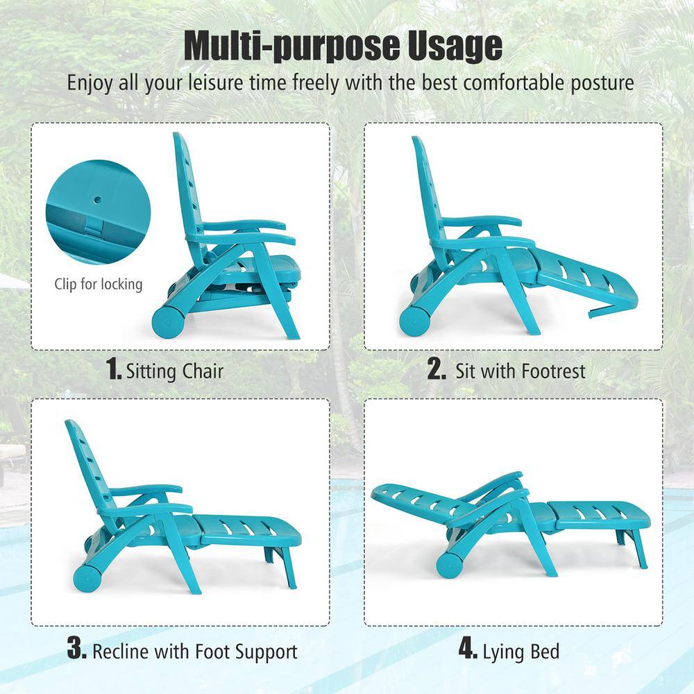 Turquoise Folding Plastic Chaise Lounge Chair with Adjustable Recliner