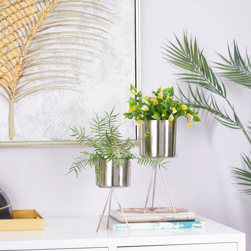 Silver Contemporary Round Metal Planter with Stand, 12" Height