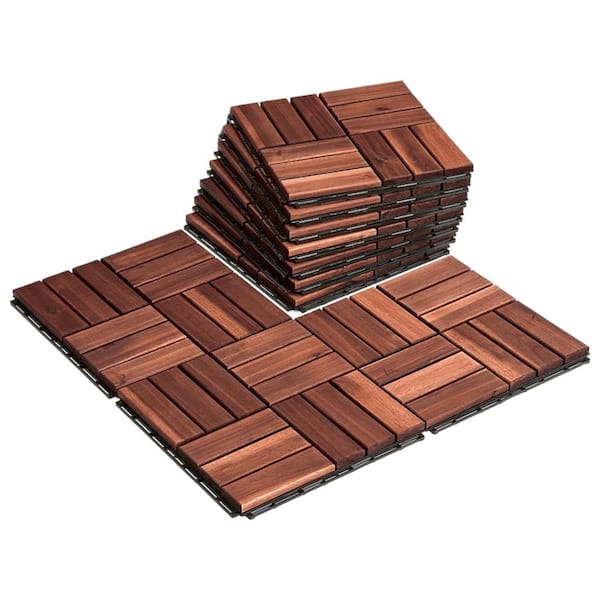 Afoxsos 1 ft. x 1 ft. Interlocking Acacia Wood Deck Tiles Waterproof for Balcony, Backyard in Dark Brown-(10-Pack)