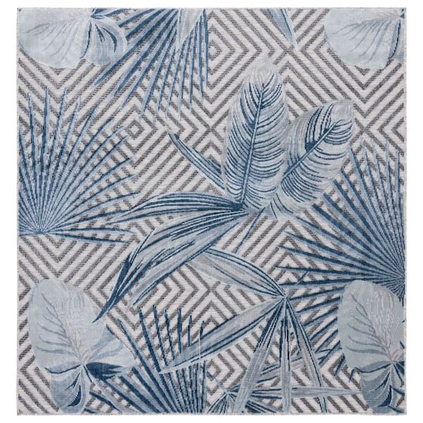 Cabana Ivory/Navy 6 ft. x 6 ft. High-Low Diamond Leaf Indoor/Outdoor Square Area Rug