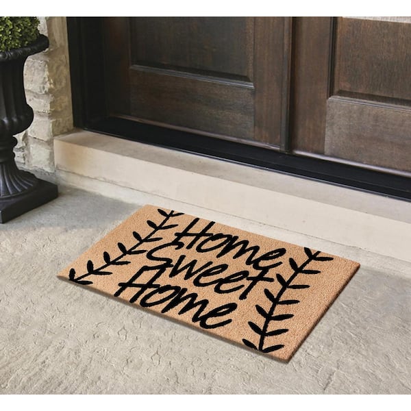 A1HC Leafy Home Sweet Home Black 24 in. x 36 in. Natural Coir Heavy Duty Non Slip PVC Backing Outdoor Welcome Mat