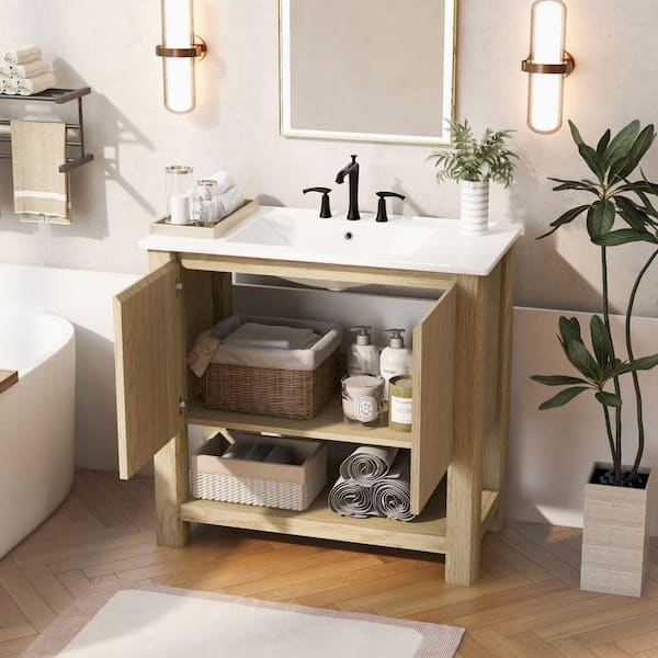 36 in. Single Sink Freestanding Natural Bath Vanity with White Ceramic Top Open Shelf and Storage Cabinet Unassembled