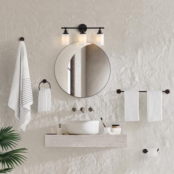 Egan 23.25 in. 3-Light Vanity Light with Frosted Glass Shades and Bathroom Hardware Set, Oil Rubbed Bronze (5-Piece)