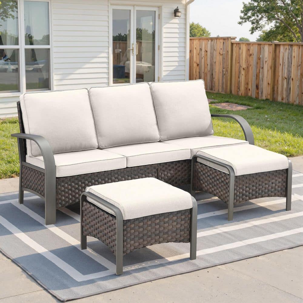 Terraze Brown 3-Piece Wicker Outdoor Sectional Couch Patio 3-Seat Sofa with Multifunctional Ottomans Beige Cushions price history on PriceWatchPro