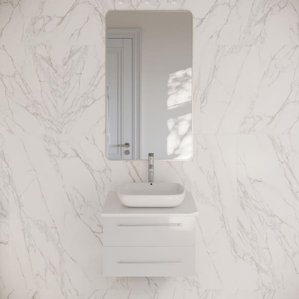 Lucera 24 in. Single Sink Wall Mount Floating White Bath Vanity with White Quartz Top and Vessel Ceramic Sink