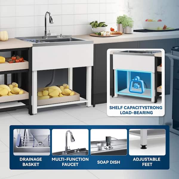 Adrinfly 20 in. D x 36 in. W Freestanding Stainless Steel Utility Sink in White with Faucet, Cold/Hot Water Hoses and Drain Kit