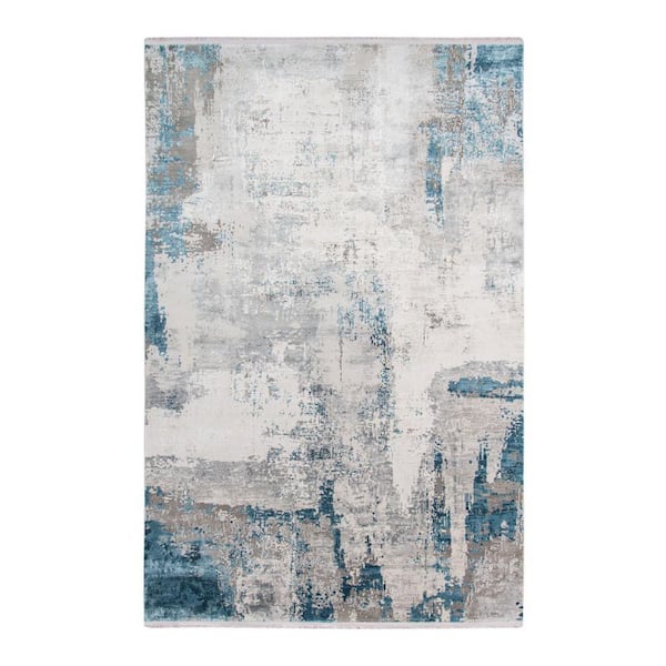 5 ft. x 8 ft. Gray Blue and Ivory Abstract Area Rug with Fringe