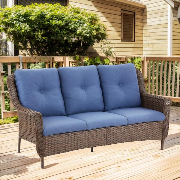 Floral Brown Wicker 3-Seat Patio Sofa Outdoor Couch with Thick CushionGuard Blue Cushions