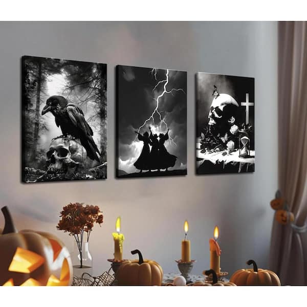 Framed 3 Piece Gothic Canvas Art Set, Crow and Skull Halloween