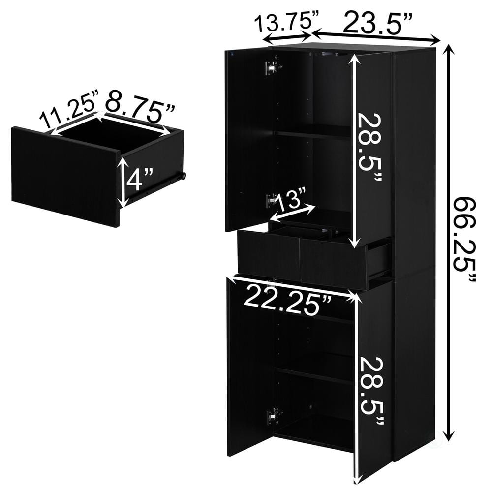 Black Wood 66" Kitchen Pantry Cabinet with Adjustable Shelves and Drawer