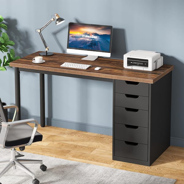 Havrvin 47 in. Rectangular Rustic Brown and Black 5-Drawer Computer Desk for Home Office