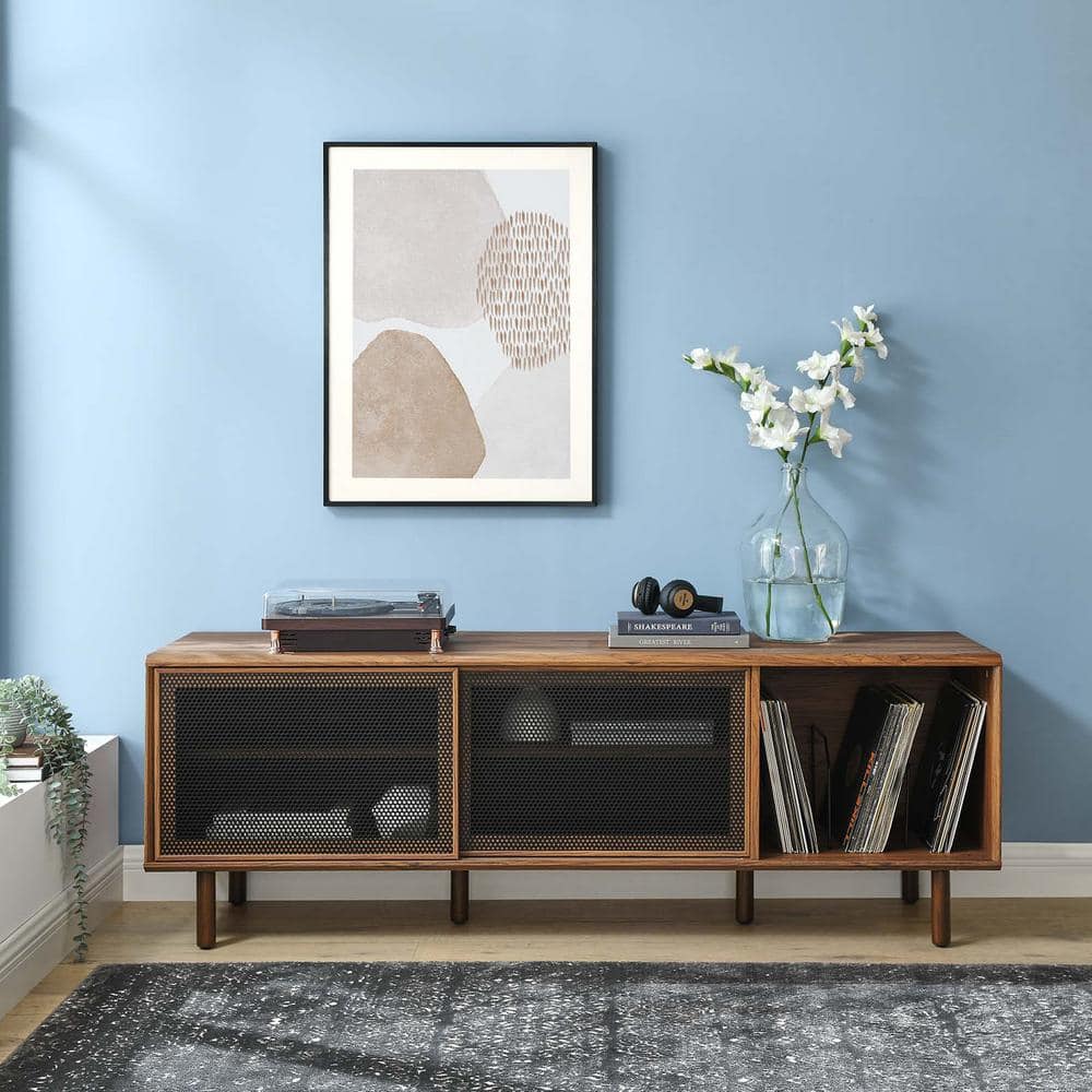 Walnut 67" TV and Vinyl Record Stand with Metal Mesh Doors