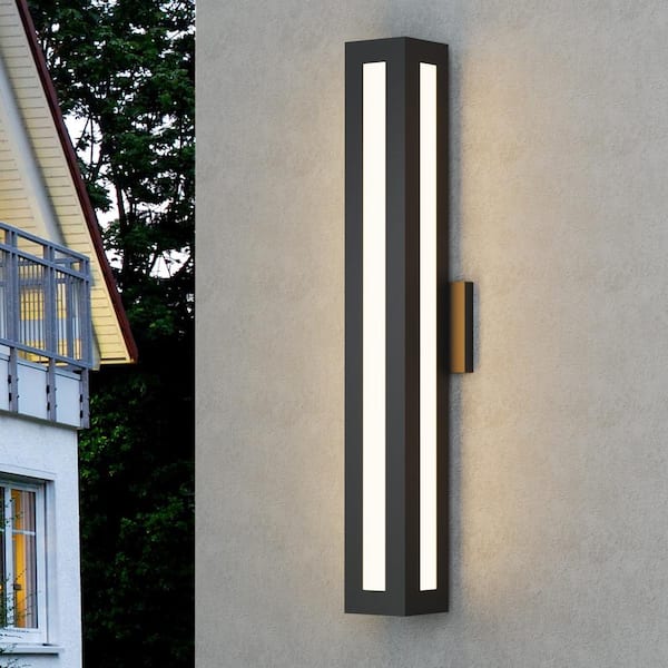 30 in. Black Integrated LED Outdoor Hardwired Wall Lantern Sconce with Frosted Glass Shade