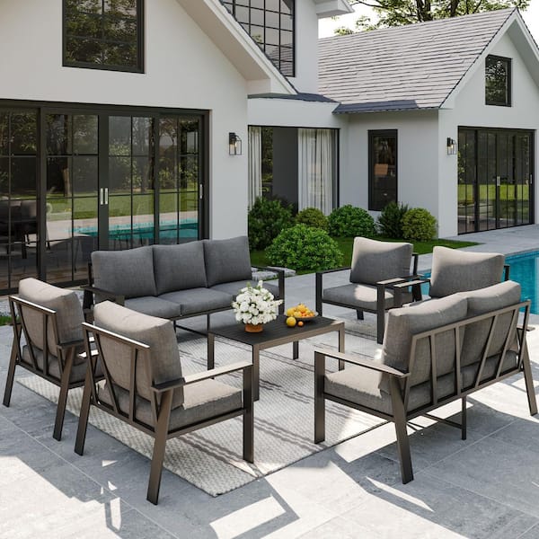 Gray Aluminum Frame 9-Person Outdoor Conversation Set with Gray Cushions