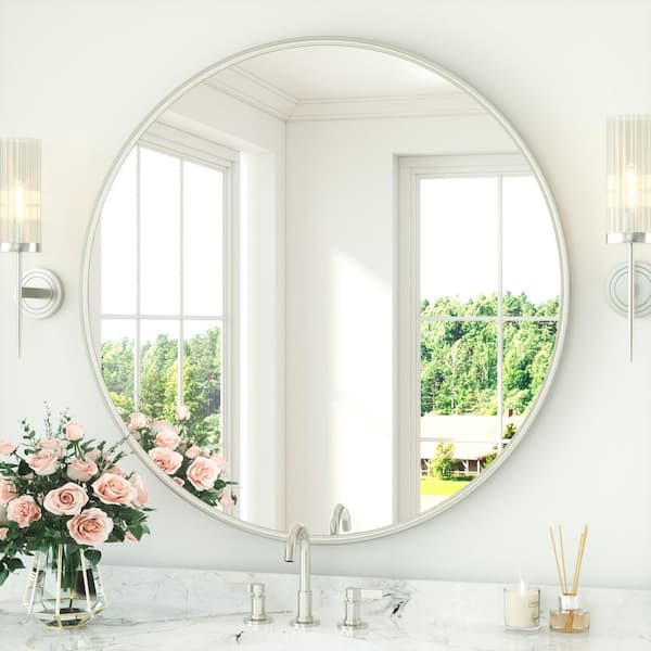 42 in. W x 42 in. H Round Metal Brushed Nickel Framed Modern Wall Mounted Bathroom Vanity Mirror Wall Mirror