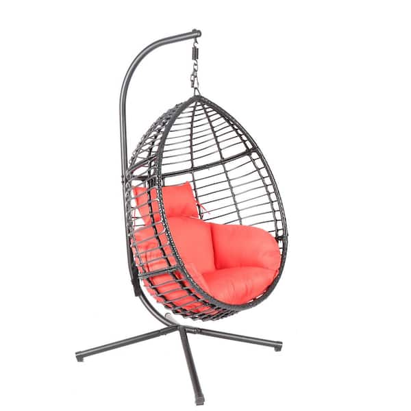 Sudzendf Black Modern Metal Patio Swing Egg Chair With Stand and Red Cushion