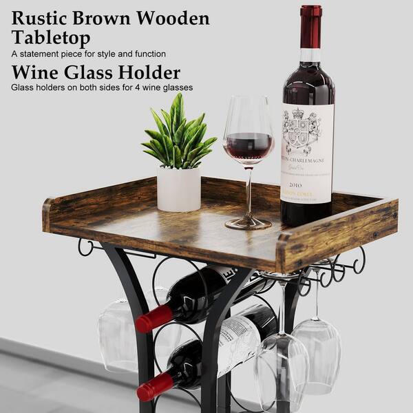 Anqtovp Rustic Wood Floor Standing Wine Glass Rack with Liquor Cabinet Tabletop Holds 14 Bottles for Home Bar