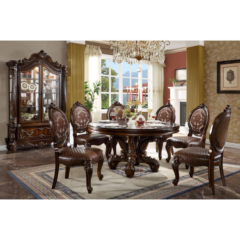 Cherry Finish Faux Leather Upholstered Armless Side Chair Set