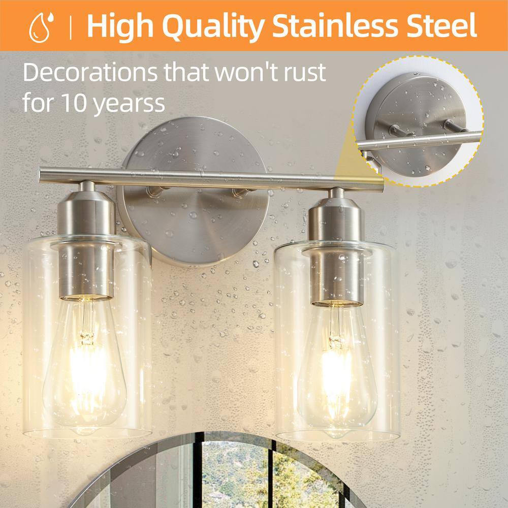 Brushed Nickel 2-Light Vanity Fixture with Clear Glass Shades