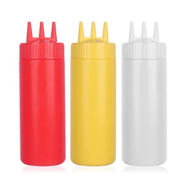 24 oz. Multicolor PP Plastic 3-Hole Squeeze Condiment Bottles for Sauces and Dressings (Set of 3)