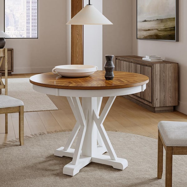 JAYDEN CREATION Evelyn Rustic Farmhouse White Solid Wood Round Cross-Buck Base Pedestal Dining Table