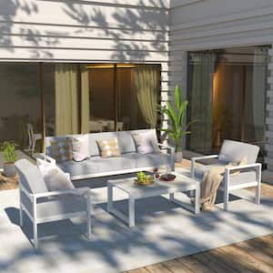 4-Piece Metal Patio Conversation Seating Set with in White Cushions
