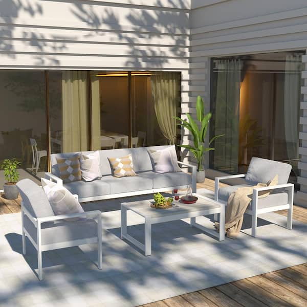 4-Piece Metal Patio Conversation Seating Set with in White Cushions