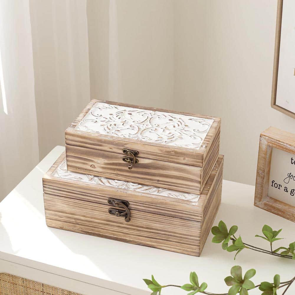 Light Brown and White Pine Wood Decorative Box Set with Hinged Lids
